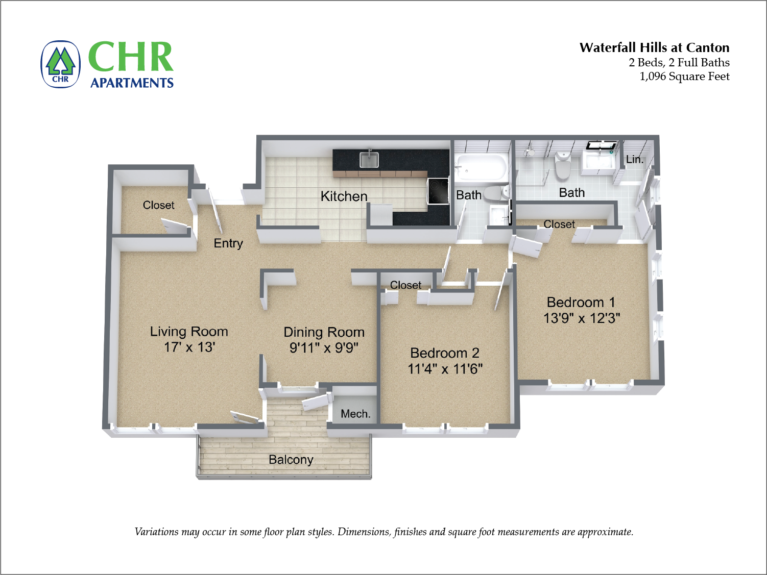 Floor plan for 2 beds, 2 baths, 1225 sqft